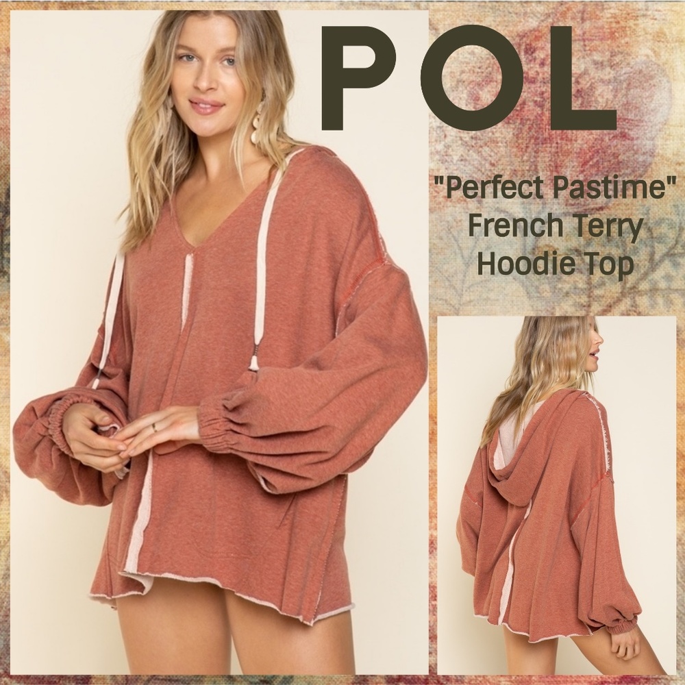 📌 POL "Perfect Pastime" French Terry Hoodie Top Balloon Sleeves Sexy Deep V-Neck
